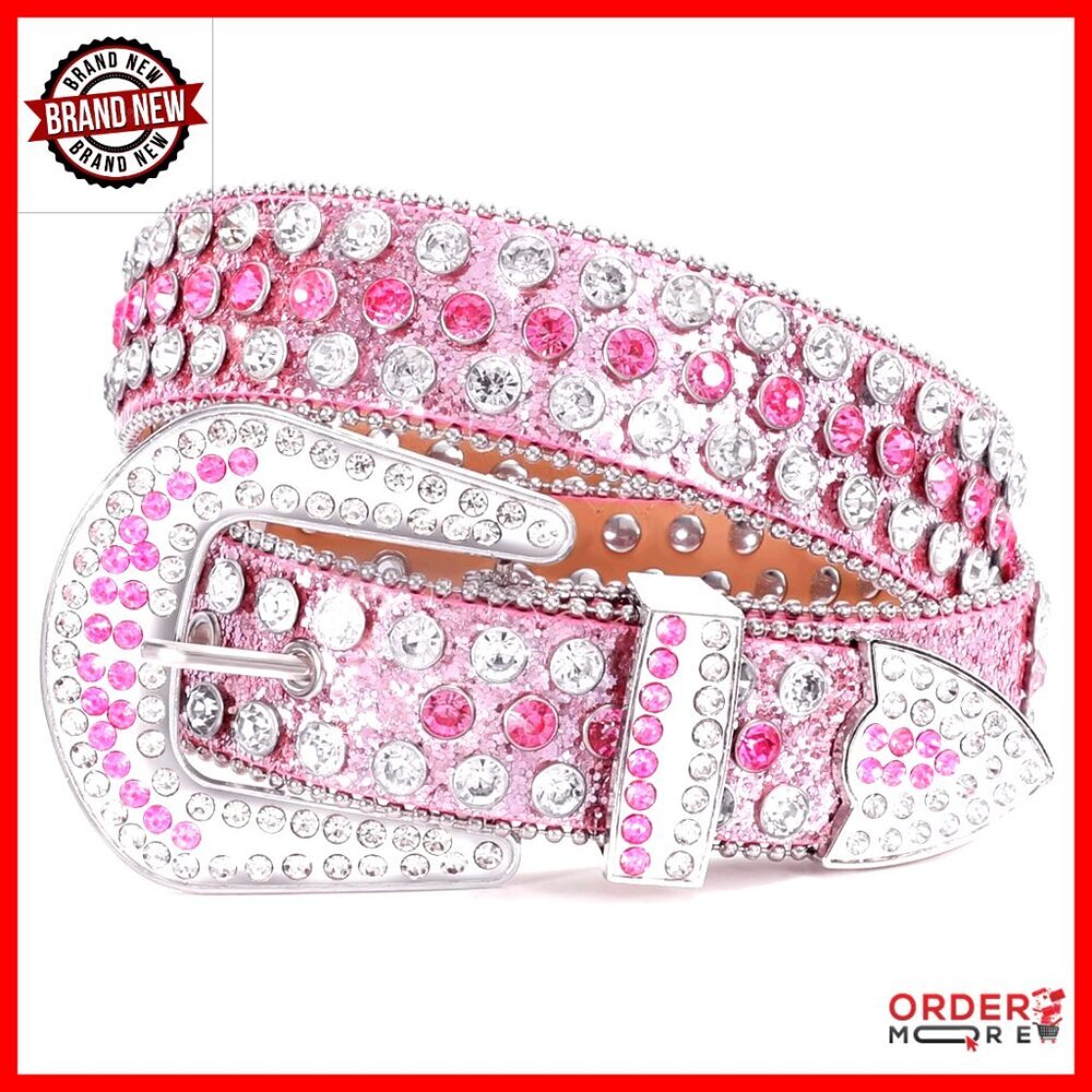Western Rhinestone Studded Leather Belt Unisex Bling Cowgirl Cowboy Waist